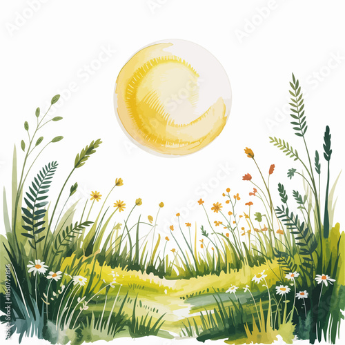 A serene landscape featuring a sunlit meadow filled with wildflowers, emphasizing the beauty of nature and the tranquility of a warm, sunny day.