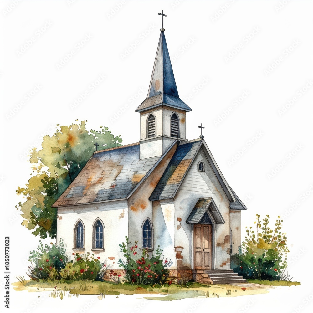 Naklejka premium Charming Church in Lush Garden Setting