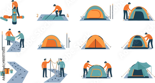 Camping Tent Setup and Camping Equipment in Outdoor Scene