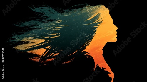 Windswept silhouette of a woman with flowing hair expressing freedom and grace