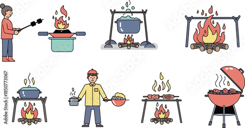 Cooking Scene with Fire Pits and Chef Preparing Food in Kitchen