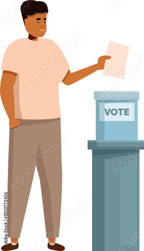 Young voter inserting ballot in box at polling place, exercising his democratic right and participating in elections