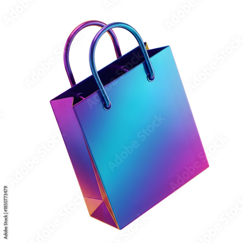 Vibrant holographic shopping bag icon floating diagonally representing modern e-commerce and retail purchases isolated on black
