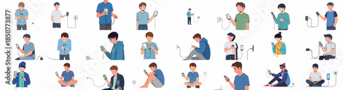 Diverse vector illustrations of people charging smartphones using wall outlets, depicting common technology use and battery anxiety concepts.