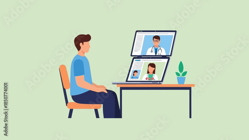 A man participating in a video conference with colleagues on his laptop in a serene workspace