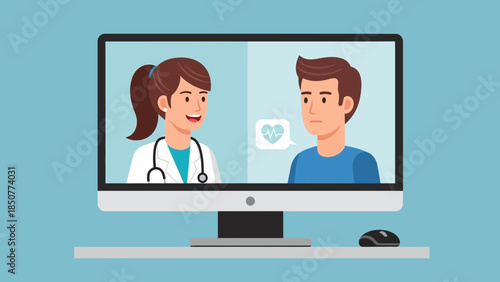 A doctor and patient having a conversation on a computer screen during a telemedicine session from a front viewpoint