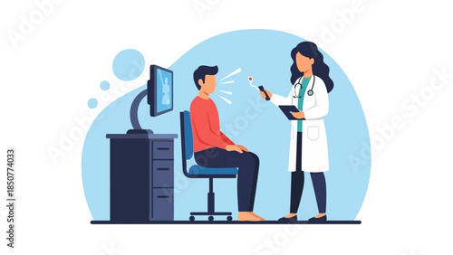 Doctor examining patient in office with computer nearby