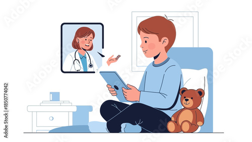 A young boy sits on a bed with a teddy bear, engaging in a video call with a doctor using a tablet.