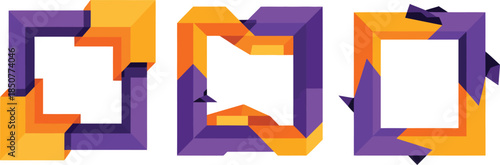 Geometric abstract frames with optical illusion effect in orange and purple colors on transparent background