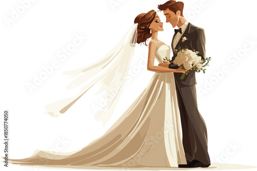 A beautiful bride in a lace wedding dress and veil carries a bouquet while kissing her groom during their romantic marriage celebration ceremony