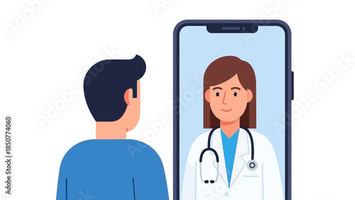 A man interacts with a doctor on a mobile phone screen during a telemedicine consultation.