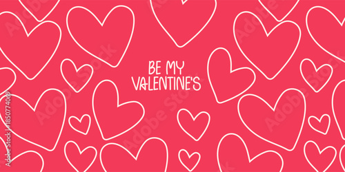 Valentines Day greeting card Creative concept. Trendy minimalist design with hearts hand drawn doodle style and frames, valentine day template for promotional sale, background, banner or landing page.