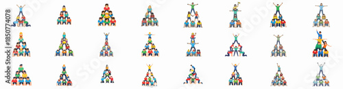 Multiple illustrations of diverse groups forming human pyramids, symbolizing teamwork, strength, cooperation, and successful achievement in a collective effort.