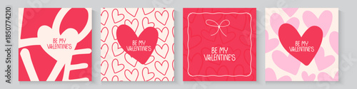 Valentines Day greeting card Creative concept. Trendy minimalist design with hearts hand drawn doodle style and frames, valentine day template for promotional sale, background, banner or landing page.