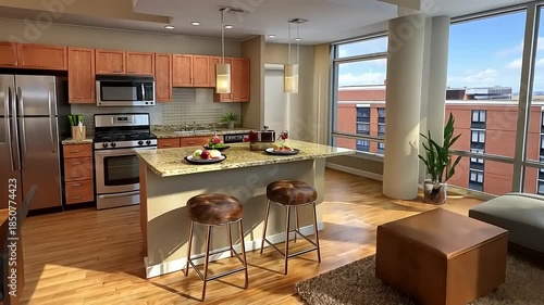 Modern Apartment Interior Design with Open Kitchen and Living Room.