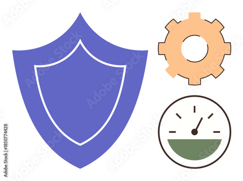 Blue shield, orange gear, and speedometer with gauge. Ideal for security, technology, efficiency, performance, productivity reliability optimization. Simple flat metaphor