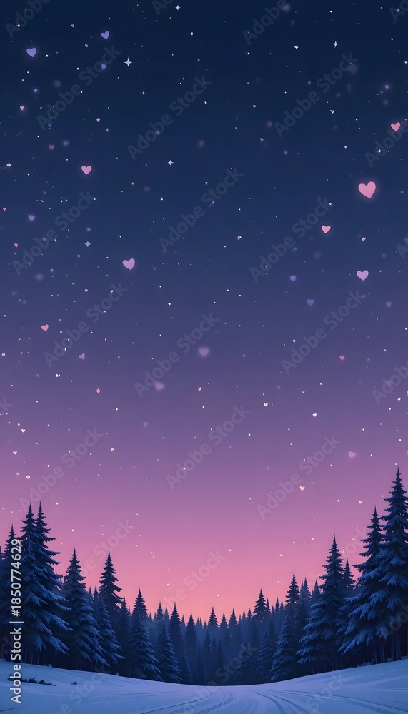 Fototapeta premium starry winter night sky with pink hearts over snowy pine forest background