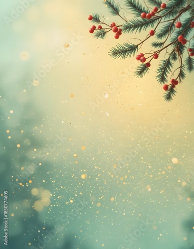 red berries on pine tree branch in snowy winter forest background