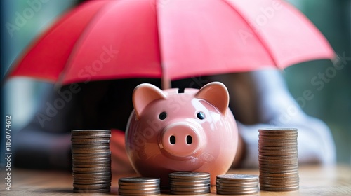 Woman holds red umbrella over pink piggy bank with stacks of coins on wooden table indoors