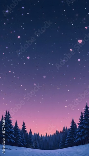 starry winter night sky with pink hearts over snowy pine forest background