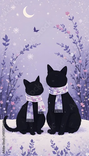 two black cats wearing scarves in purple winter night snowy landscape