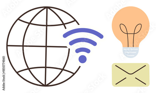 Globe with wireless signal, lightbulb, and envelope denoting connectivity, communication, and ideas. Ideal for technology, innovation, messaging, networking internet ideas and creativity concepts