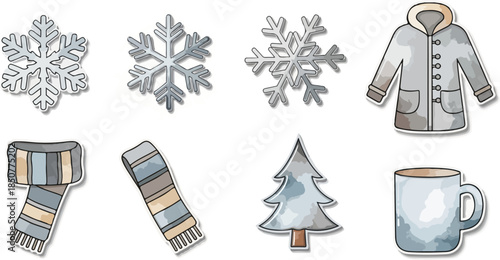 Winter Essentials: This collection of illustrations presents essential items for navigating winter's charm. Showcasing snowflakes, a warm coat, a cozy scarf, a festive tree, and a comforting mug.