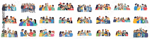 Diverse groups of young adults celebrating and cheering together, raising bottles and cans in a festive toast, friendship and party vector collage.