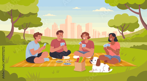A cheerful gathering of friends enjoying a picnic in a park, filled with laughter and relaxation, representing the joy of friendship and outdoor fun in a vibrant setting.