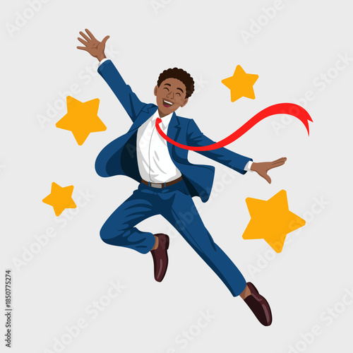 A cheerful boy in a smart suit celebrates joyfully with a red ribbon and gold stars, symbolizing achievement, success, and a bright future ahead.
