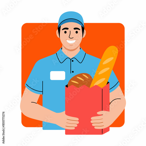 A cheerful delivery person smiles while holding a red paper bag filled with fresh baked goods, including loaves of bread, symbolizing convenience and wholesome nutrition.