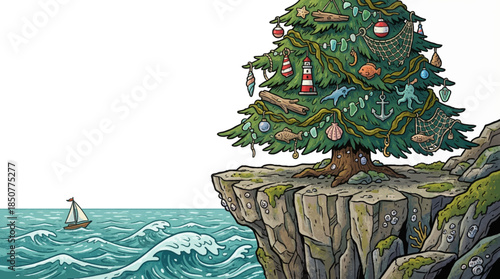 large decorated Christmas tree stands on a coastal cliff overlooking the ocean, blending festive holiday decorations with dramatic seaside landscape and winter sky