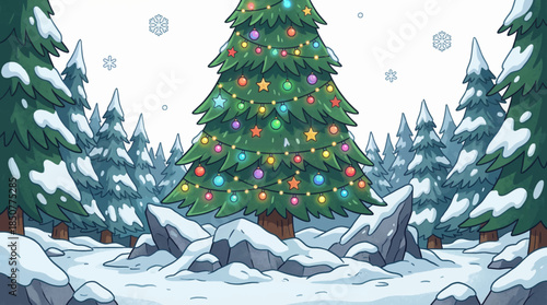 giant Christmas tree filled with glowing decorations rises in a forest clearing, surrounded by snow-covered trees and soft winter light forming a cozy and enchanting holiday scene