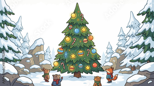 giant Christmas tree filled with glowing decorations rises in a forest clearing, surrounded by snow-covered trees and soft winter light forming a cozy and enchanting holiday scene