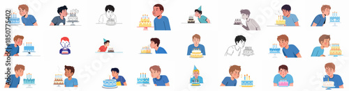 A collection of vectors featuring young men and boys blowing out birthday candles on decorated cakes, celebrating birthdays and making wishes.