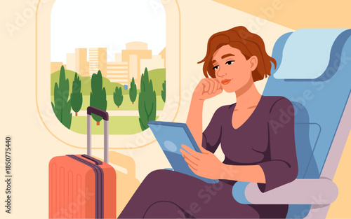 Photos A serene woman sits on an airplane, lost in her tablet while gazing outside at a city landscape, embodying the essence of travel and personal moments during flights