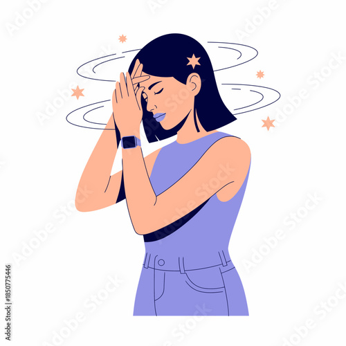 A young woman feeling dizzy expresses discomfort with her hands on her forehead, highlighting the struggles of health issues and the emotional toll they take.
