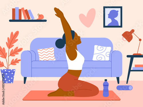 A serene depiction of a woman performing yoga in a calming living room environment, embodying relaxation, mindfulness, and well-being in her practice and setting.