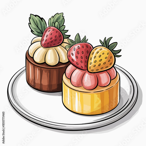 A delightful artistic depiction of two mouth-watering desserts topped with strawberries, captured beautifully on a plate, perfect for food lovers and culinary enthusiasts.