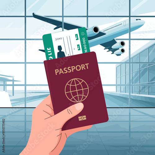 This image highlights a hand holding a passport and boarding pass in front of an airport backdrop, symbolizing travel, adventure, and the excitement of exploration.