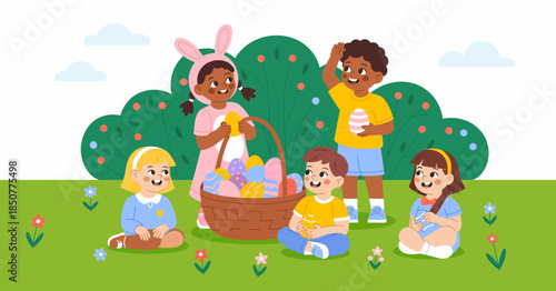 A vibrant scene of joyful children participating in an Easter egg hunt, surrounded by colorful decorations and a cheerful environment filled with flowers and greenery.