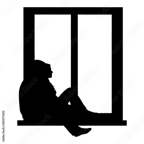 Silhouette of person sitting inside a window frame looking outside thoughtfully
