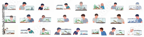 People Observing Exotic Reptile and Amphibian Pets in Glass Terrariums, Showcasing Hobby and Care Vector Collection.