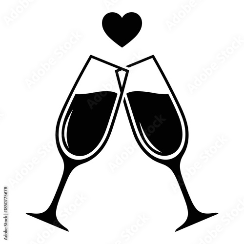 Black and white icon of two champagne flutes clinking with a heart above them