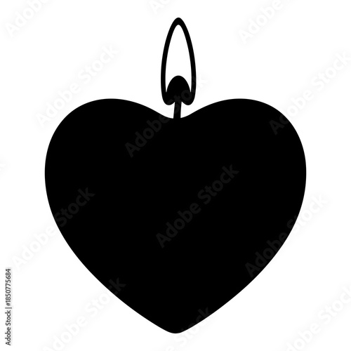 Black silhouette of a heart shaped candle burning brightly with a small flame
