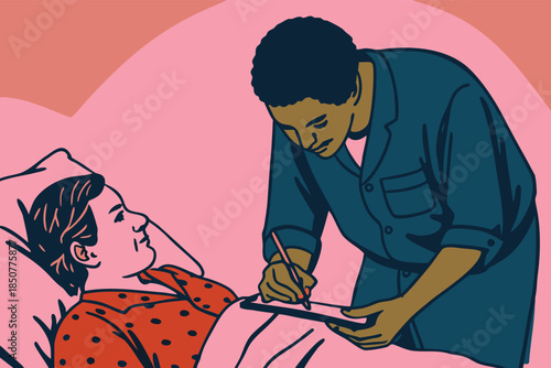 An illustration depicting a caregiver taking notes from a female patient lying in bed, symbolizing home health, medical consultation, or nursing care