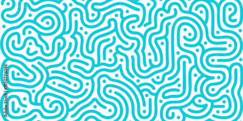 Abstract Pattern with Organic Flowing Lines and Dots in Cyan and White Background