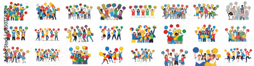Diverse Crowds and Cheerleaders Cheering Enthusiastically with Colorful Pom-Poms, Celebrating Victory, Team Spirit, and Excitement in a Large Vector Set.