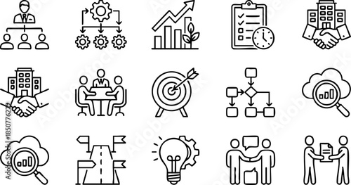 Business icons representing strategy, teamwork, success, planning, and corporate growth. Icons of charts, buildings, people collaborating, and goals