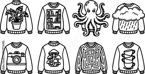 black and white illustration of various sweater designs with different objects and patterns
